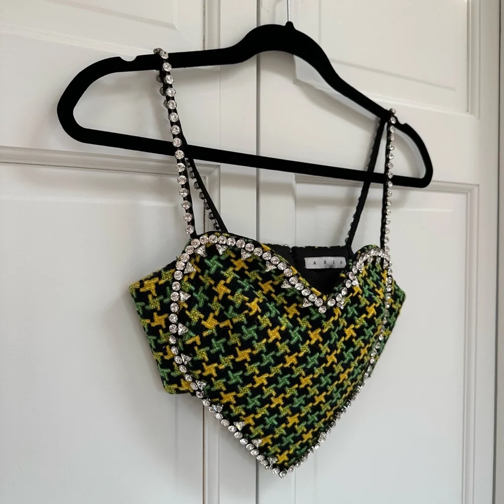 AREA NYC ✨GREEN TWEED CRYSTAL HEART TOP - Picture 11 of 15